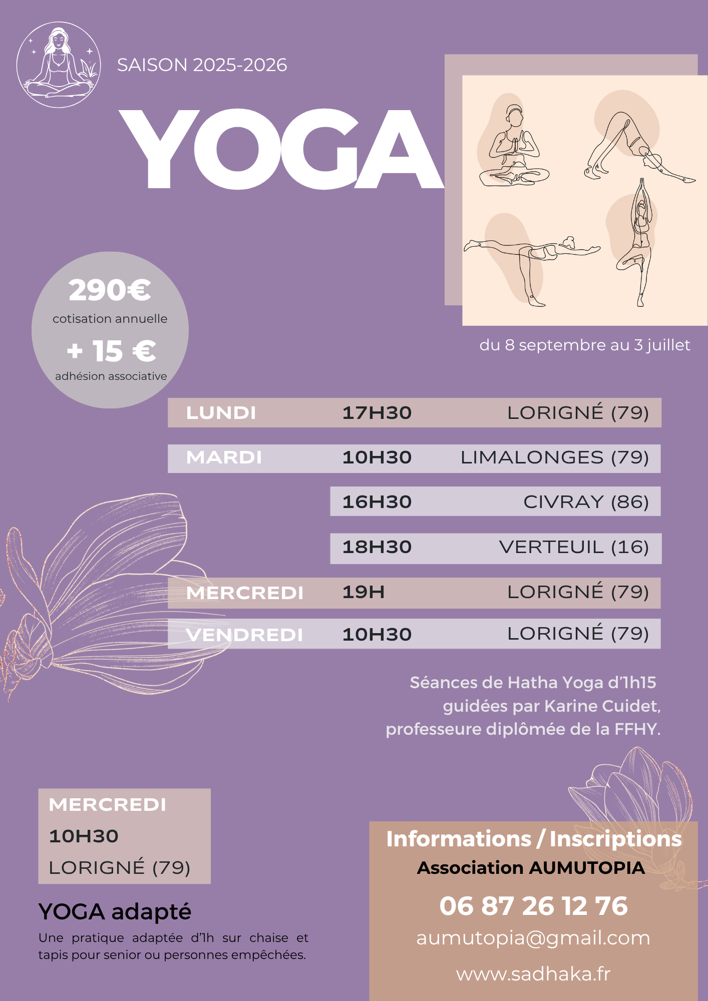 Programme 2025-2026 des séances de yoga Sâdhaka avec l'association AUMUTOPIA