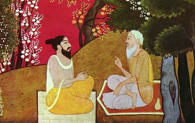 Maitre et disciple durant l'enseignement assis en tailler